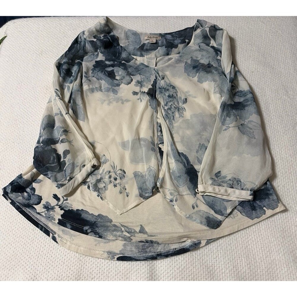 Lucky Brand Blue Floral Sheer Blouse V-Neck Long Sleeve Top Size Medium